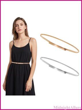 2 Pack Skinny Metal Stretch Belts Elastic Waist Chain for Dresses